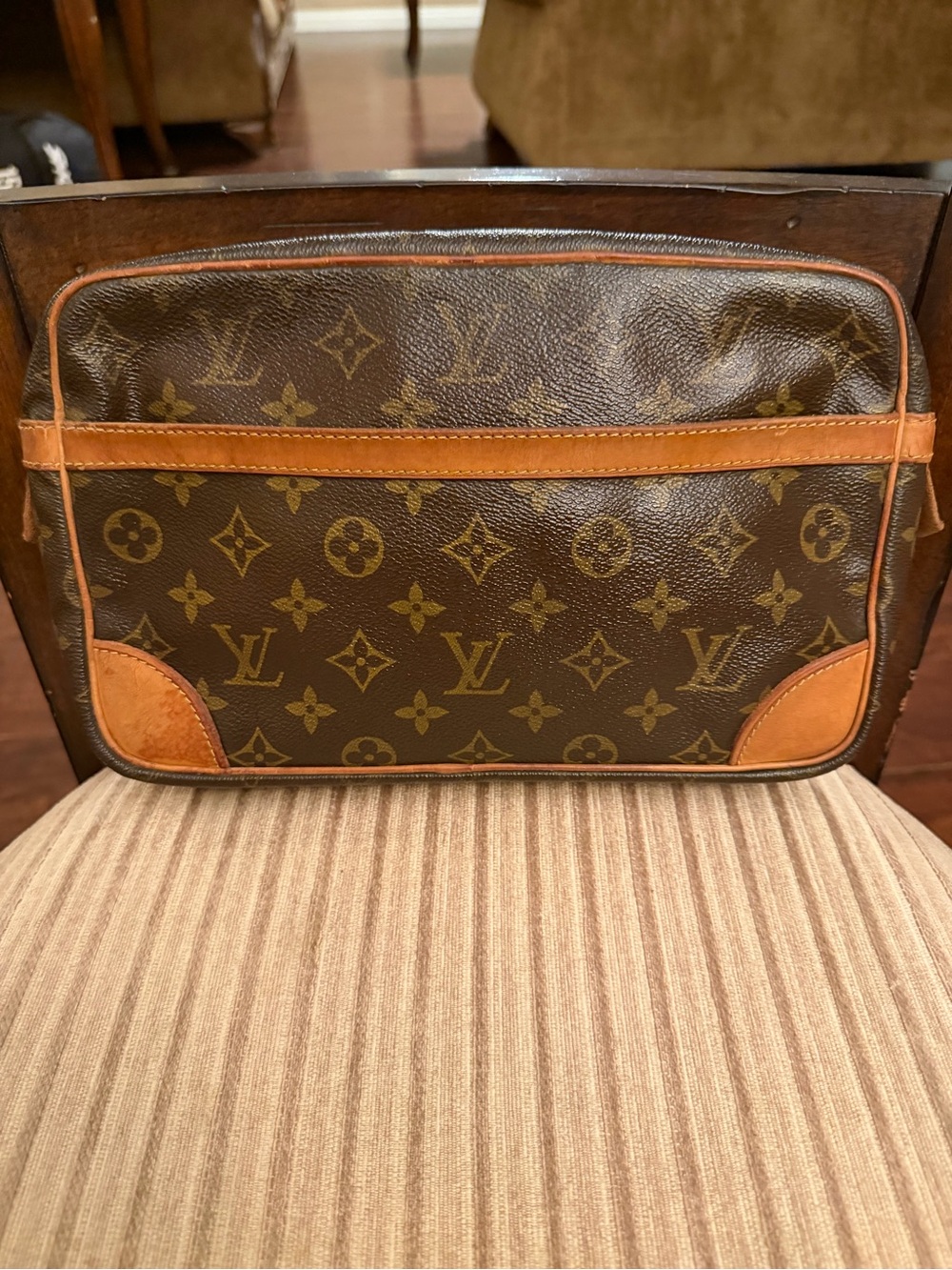 Louis Vuitton Compiegne 28 Brown Monogram Canvas Clutch with Tan Leather Trim
